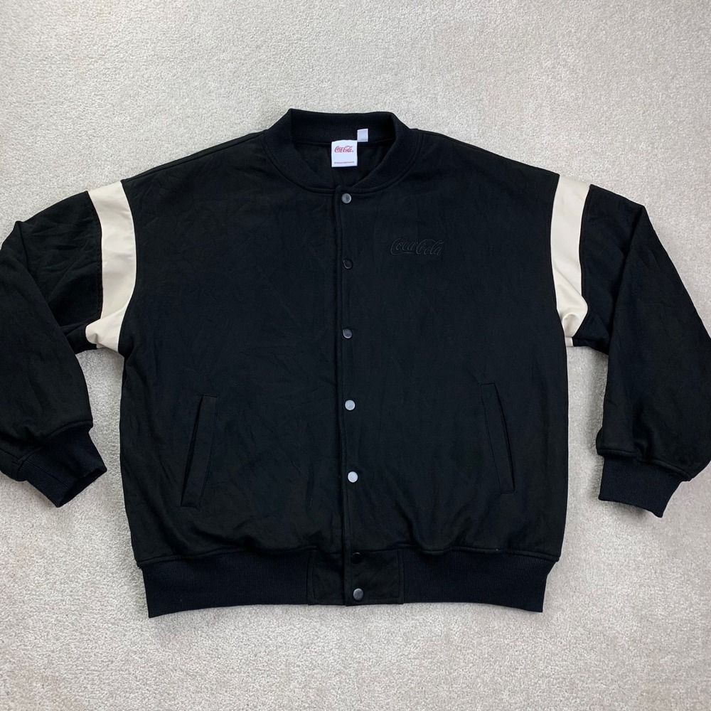 Coca-Cola Varsity Bomber Jacket Mens Medium Black Cream‎ Embroidered Streetwear